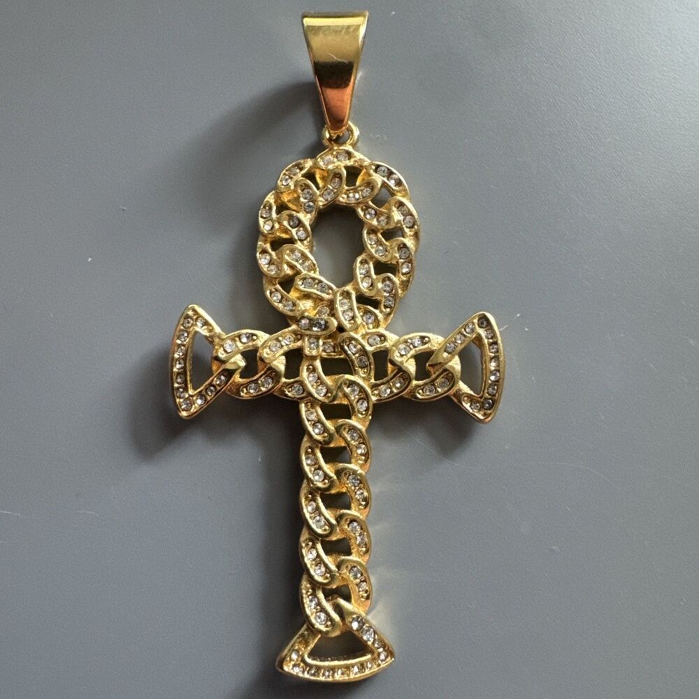 Twisted Gold Plated Cubic Zirconia Stainless Steel Egyptian Ankh Cross Pendant